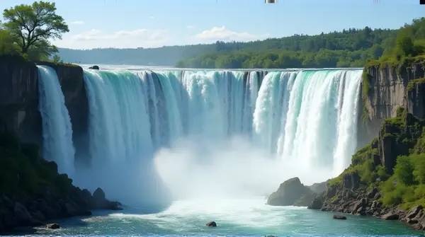 A wide waterfall plunges into a rocky pool surrounded by green plants under a clear sky.