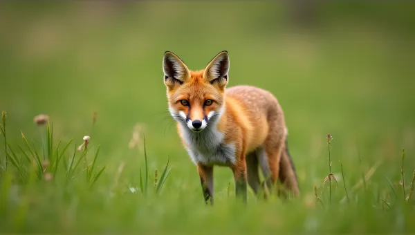 Russet Fox On Green Meadow With Alert Posture