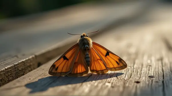 A russet-colored moth with wings spread symmetrically resting on weathered wood under soft natural side light.
