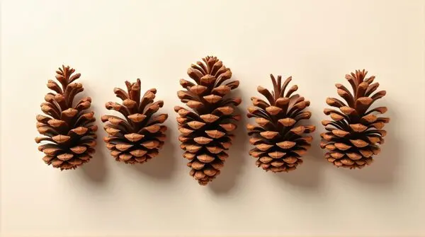 Top view of russet pine cones clustered on a pale matte background with soft shadows highlighting their scales