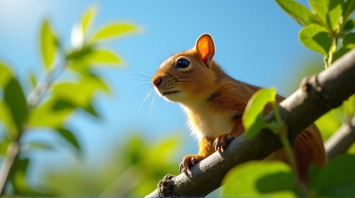 Russet Rodent on Leafy Limb Close-Up
