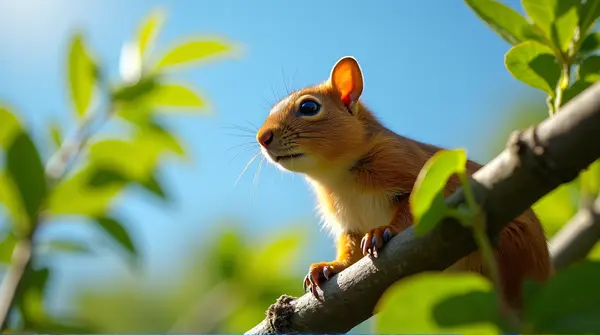 Close-up of a russet rodent perched on a lush leafy limb with vibrant foliage and clear blue sky.