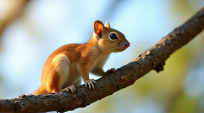 Russet Rodent Resting On Wooden Limb With Sunlight