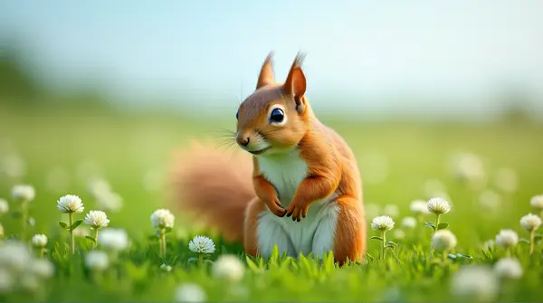A russet and cream squirrel sits on a vibrant meadow with clover under a clear blue sky.