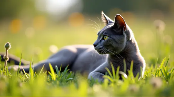 Russian Blue cat resting calmly in a colorful meadow under natural sunlight from a low angle