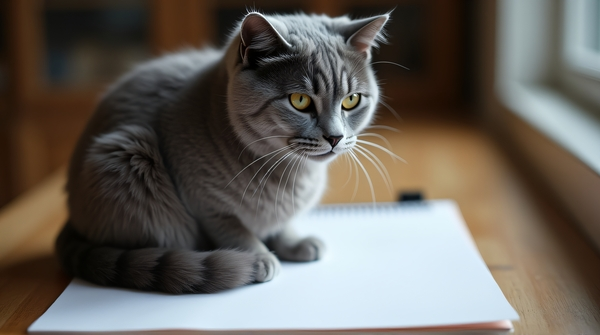 Russian Blue cat sitting on a wooden desk over a blank sheet of paper under soft overhead lighting