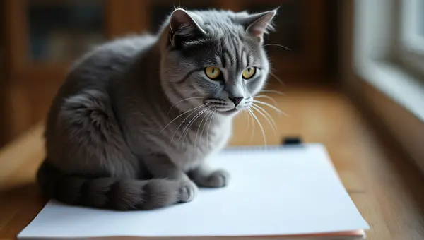 Russian Blue Cat Sitting on Wooden Desk Paper