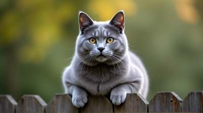 Russian Blue Cat On Wooden Fence Outdoors