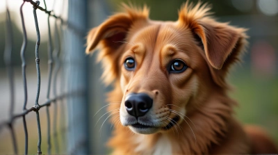 Rust Colored Dog With Focused Expression By Fence