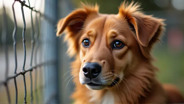Rust Colored Dog With Focused Expression By Fence