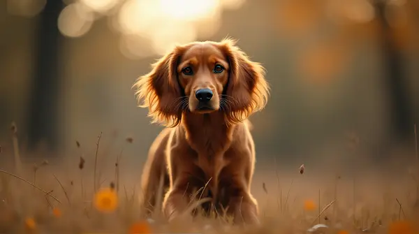 Rust-colored hound with flowing fur in shallow focus against a softly blurred natural background