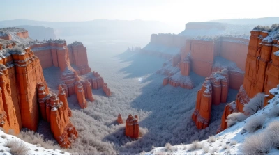 Rust-Colored Rock Spires Frosted Under Pale Sky