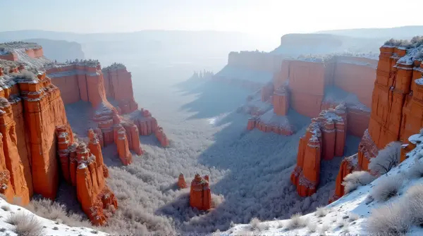 Vast rust-colored rock spires dusted with white frost under a pale sky seen from above