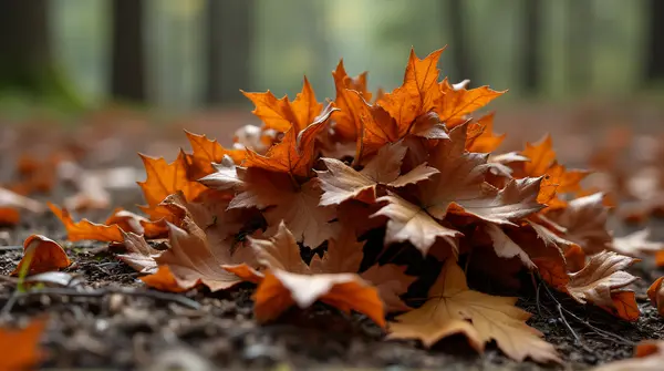Heap of dry rust-colored foliage on uneven forest ground showing natural decay patterns