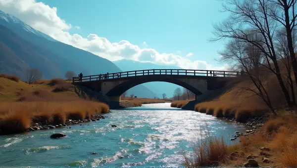 Rustic Brown Bridge Over Shimmering Stream