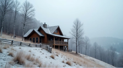 Rustic Brown Lodge On Frosty Hillside With Bare Trees