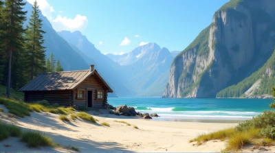 Rustic Cabin By Sandy Beach And Mountain Peaks
