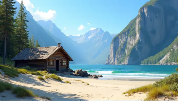 Rustic Cabin By Sandy Beach And Mountain Peaks