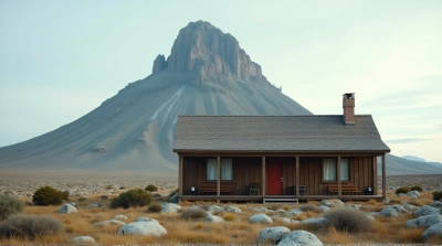 Rustic Cabin Near Rocky Peak Under Open Sky