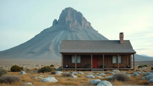 Rustic Cabin Near Rocky Peak Under Open Sky