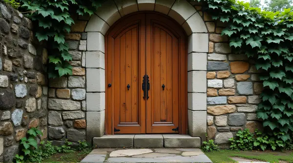 Chestnut-colored rustic door centered in a weathered stone wall framed by green ivy under cloudy sky.