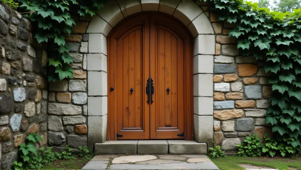 Rustic Chestnut Door in Ivy-Covered Stone Wall