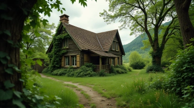 Rustic Cottage Surrounded By Lush Greenery And Vines