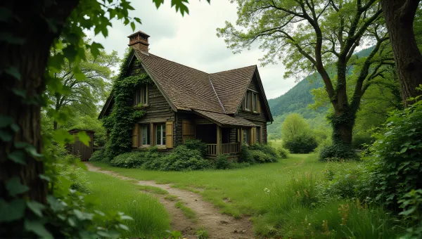 Rustic Cottage Surrounded By Lush Greenery And Vines