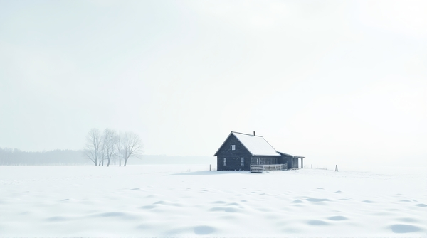 Dark rustic cottage surrounded by a wide white open area with bare trees under a bright sky