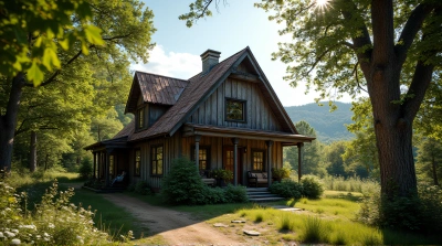 Rustic Dwelling Surrounded By Lush Foliage And Sunlight