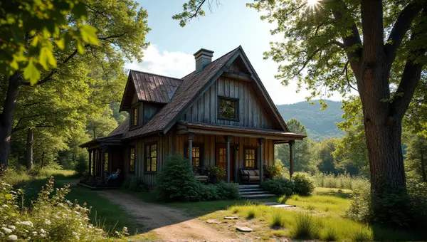 Rustic Dwelling Surrounded By Lush Foliage And Sunlight