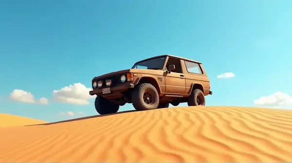 Rustic off-road car resting on sunlit golden dune under clear blue sky from low perspective