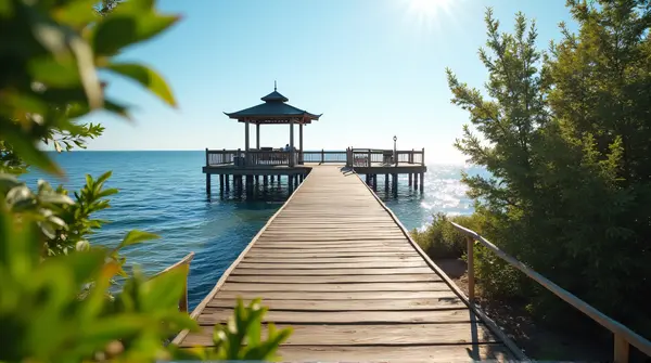 Rustic Pier Over Sparkling Water Under Clear Sky