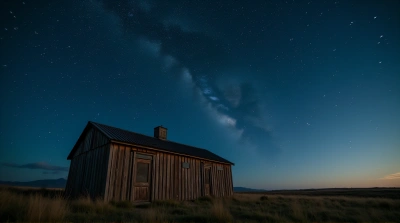 Rustic Shelter On Grassy Land Beneath Cosmic Sky