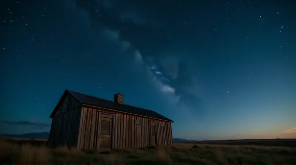 Rustic brown shelter set on grassy terrain under a vast cosmic sky filled with distant celestial bodies.