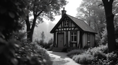Rustic Timber Cottage Amid Lush Foliage Sunlight