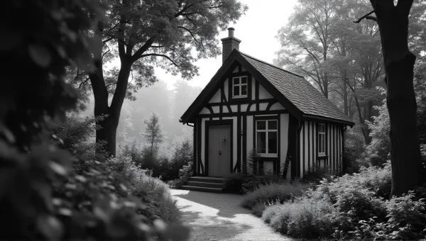 Rustic Timber Cottage Amid Lush Foliage Sunlight