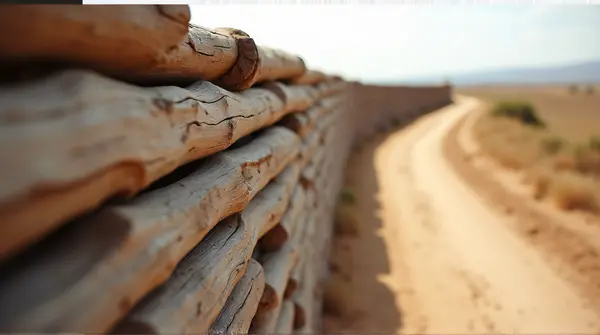 Low angle view of a rustic timber fence beside a dusty winding pathway emphasizing texture and lines.