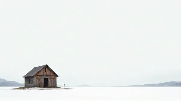 A rustic timber hut stands in a wide white area under a pale sky with distant low hills.