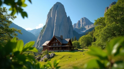 Rustic Timber Lodge With Rocky Peak And Green Foliage