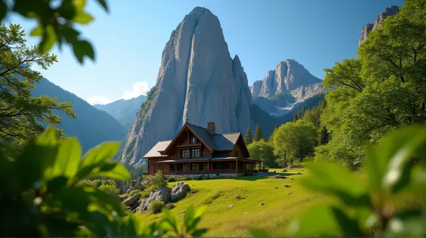 Rustic Timber Lodge With Rocky Peak And Green Foliage
