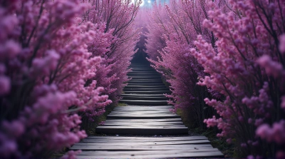 Rustic Timber Walkway Amid Vibrant Violet Foliage