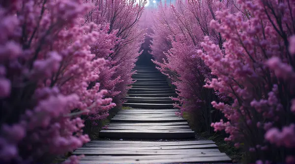 Low angle view of a rustic timber walkway and stairway winding through vibrant violet foliage.