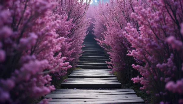 Rustic Timber Walkway Amid Vibrant Violet Foliage