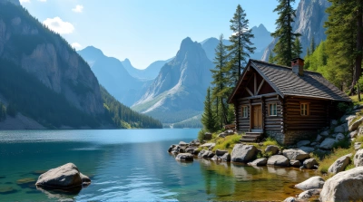 Rustic Wooden Cabin By Shimmering Lake And Stones