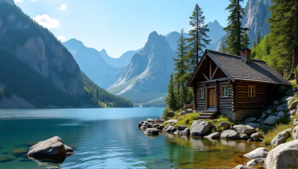 Rustic Wooden Cabin By Shimmering Lake And Stones