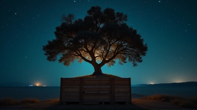 Rustic Wooden Crate With Large Tree And Glowing Sky
