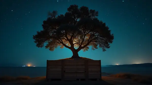 Large tree growing in a rustic wooden crate illuminated by glowing celestial patterns in the dark sky above.