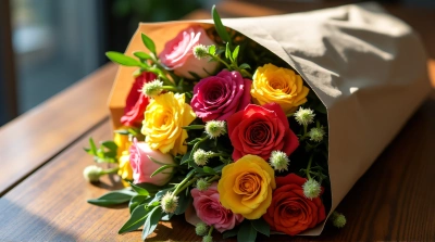 Rustic Wrapped Mixed Blooms On Wooden Table