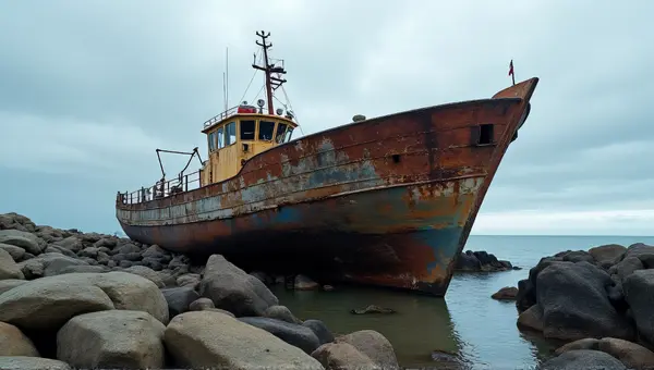 Rusty Metal Frame On Rugged Rocky Coast